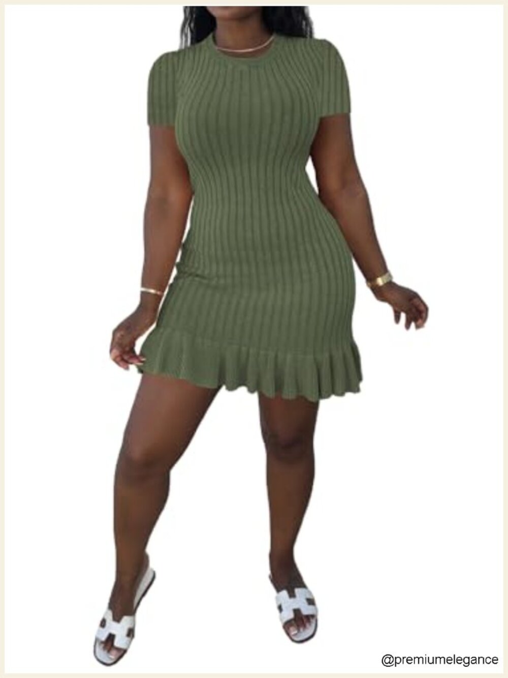 Short Sleeve Crew Neck Bodycon Mini Dress with Ruffle Hem for Women - Summer